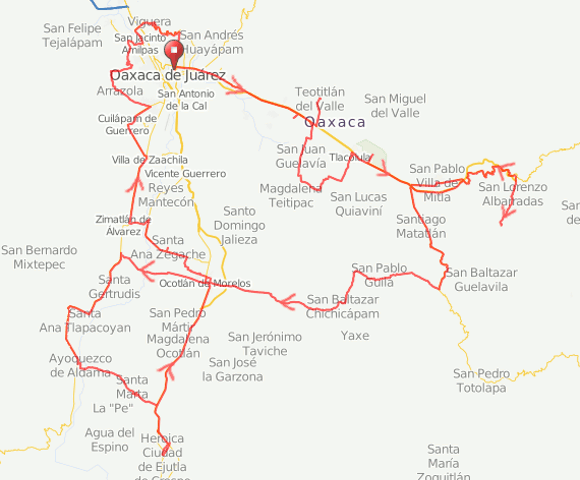 route map of Cycling the Valleys of Oaxaca 2016