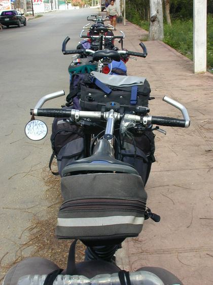 The morning line-up of loaded touring bikes