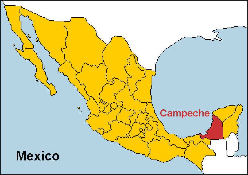 Campeche highlighted on a map of Mexico
