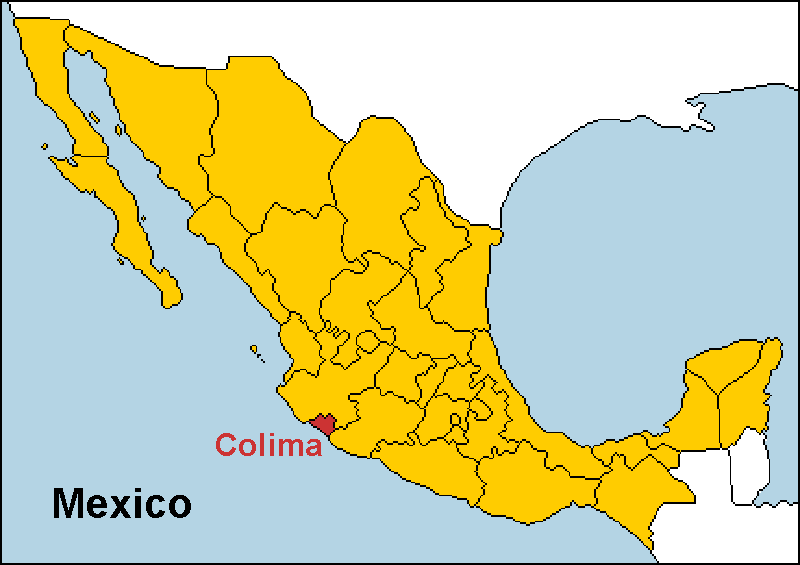 Colima highlighted on a map of Mexico