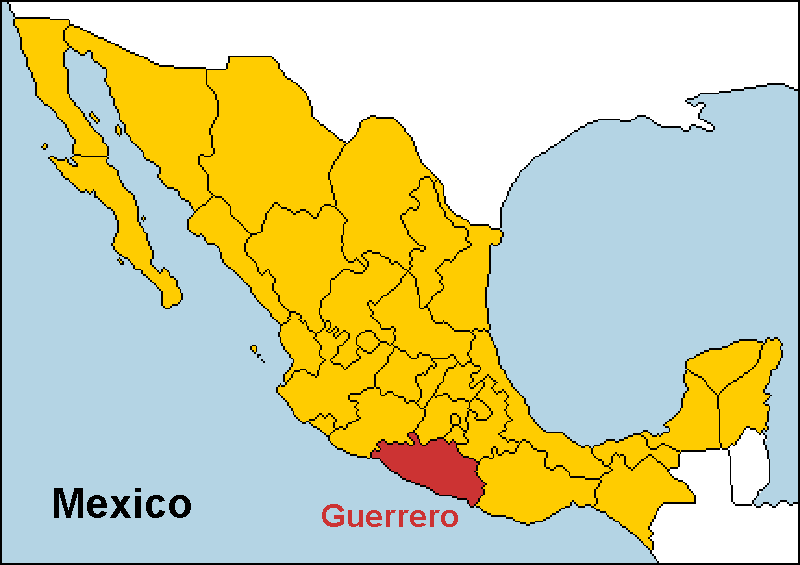 Guerrero highlighted on a map of Mexico