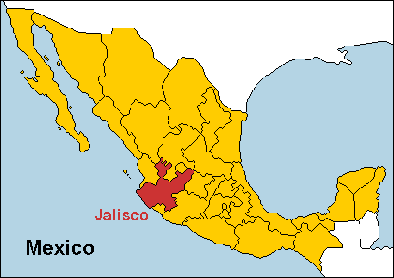 Jalisco highlighted on a map of Mexico