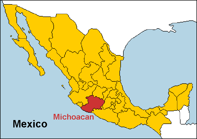Michoac&aacute;n highlighted on a map of Mexico