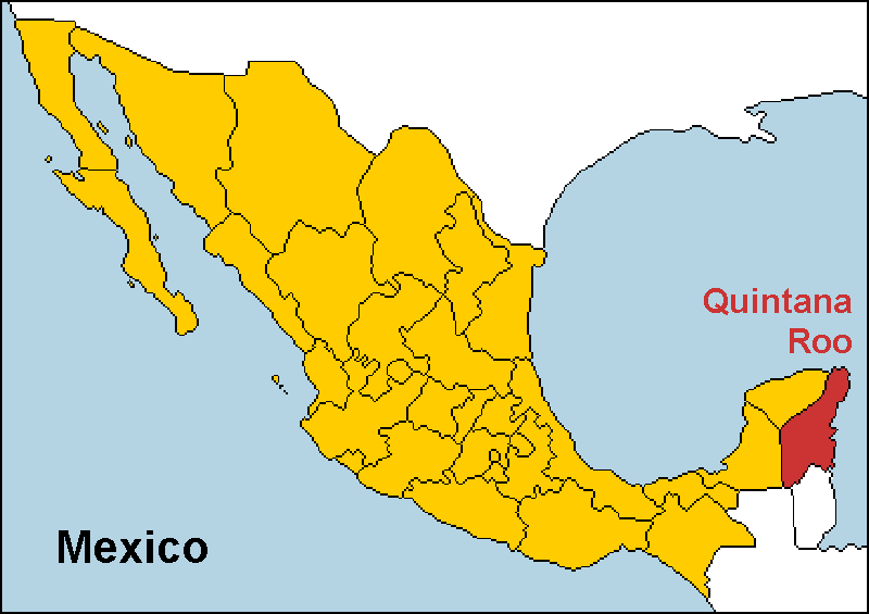 Quintana Roo highlighted on a map of Mexico
