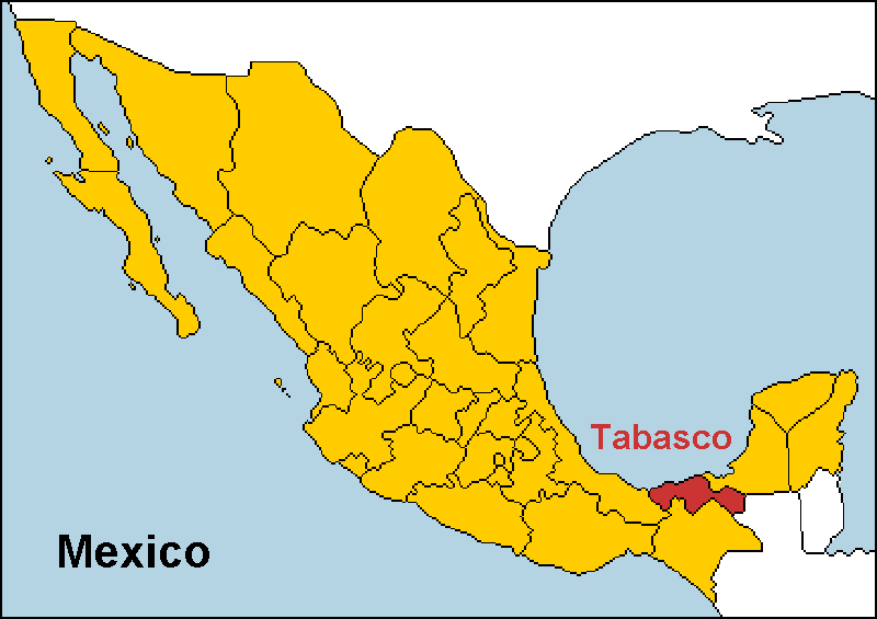 Tabasco highlighted on a map of Mexico