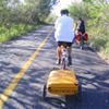 Jorge El Magnifico shows off his beautiful suitcase trailer, custom painted by Alexandra, cycling along the shaded Yucatan backroads
