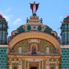 A colourful church facade.